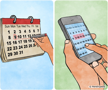 Illustration of tracking menstrual cycle by marking dates on a calendar or using a mobile application to mark the dates - Menstrupedia