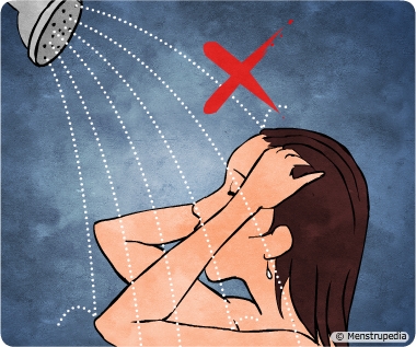 Illustration of a woman taking a shower while a red cross on the picture says taking shower during periods is wrong