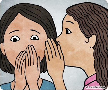 Illustration of a girl whispering to another girl presumably a menstrual myth - Menstrupedia