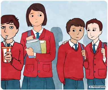 Illustration of a tall school girl feeling conscious around shorter school boys - Menstrupedia