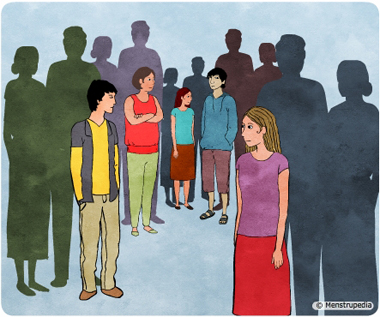 Illustration of adolescent boys and girls standing with their parents looking for an identity - Menstrupedia