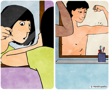 Illustration of feeling overly sensitive, an adolescent girl in front of the mirror worried about acne on her face while an adolescent boy looking at a mirror admires a little bulge in his biceps - Menstrupedia