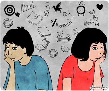 Illustration of a boy and a girl sitting sadly feeling uncertain about future - Menstrupedia